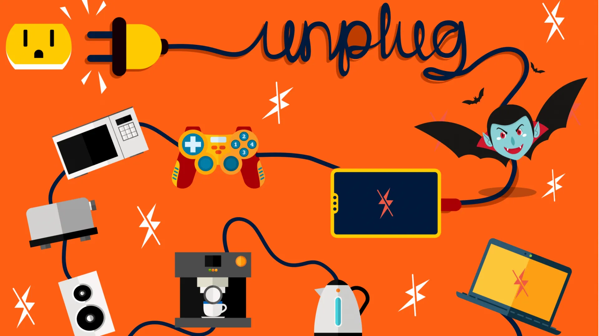 Illustration of a variety of appliances connected via a power cord that spells the word "unplug"
