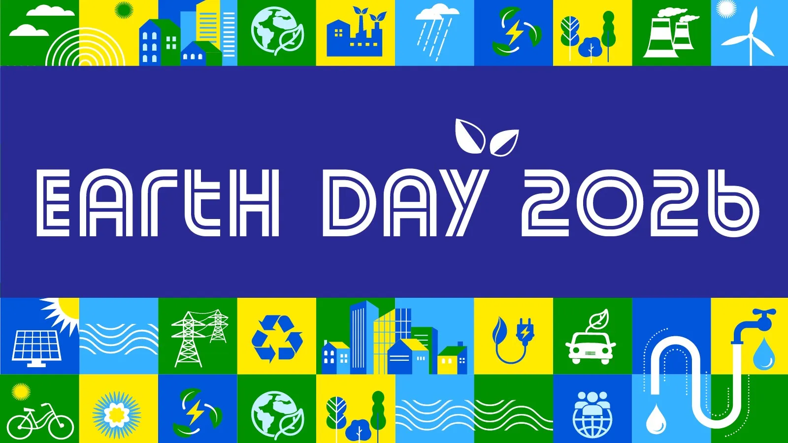 Colorful icons representing nature, sustainable living, and renewable energy with text Earth Day 2026