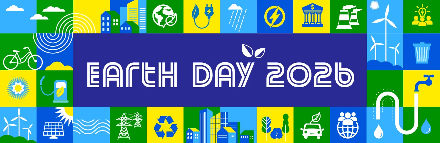 Various icons representing nature and renewable energy with the text Earth Day 2026