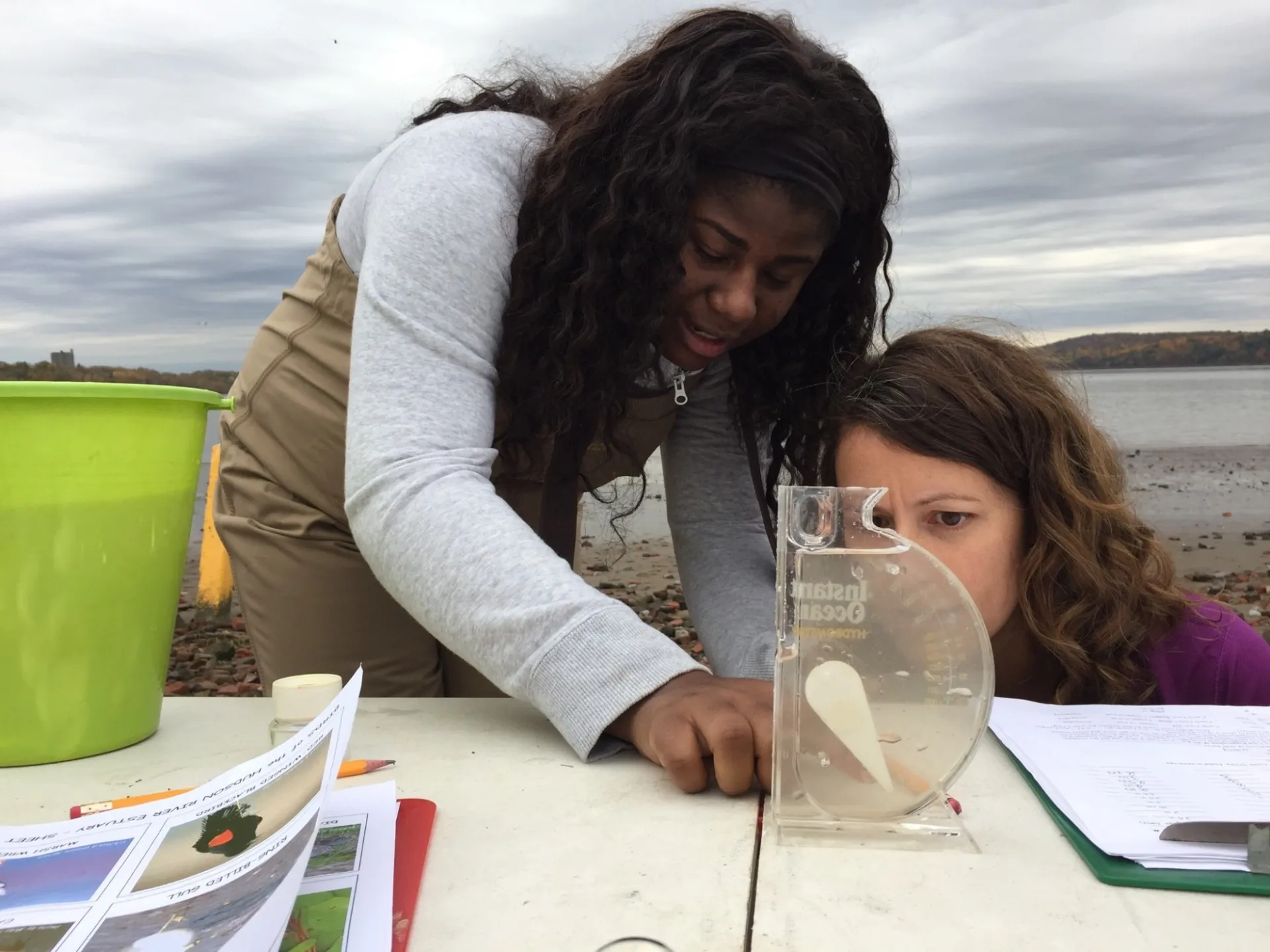 Two people checking salinity of Hudson River water sample